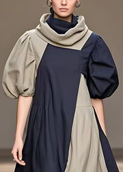 Art Navy Turtleneck Pockets Cotton Long Dress Summer