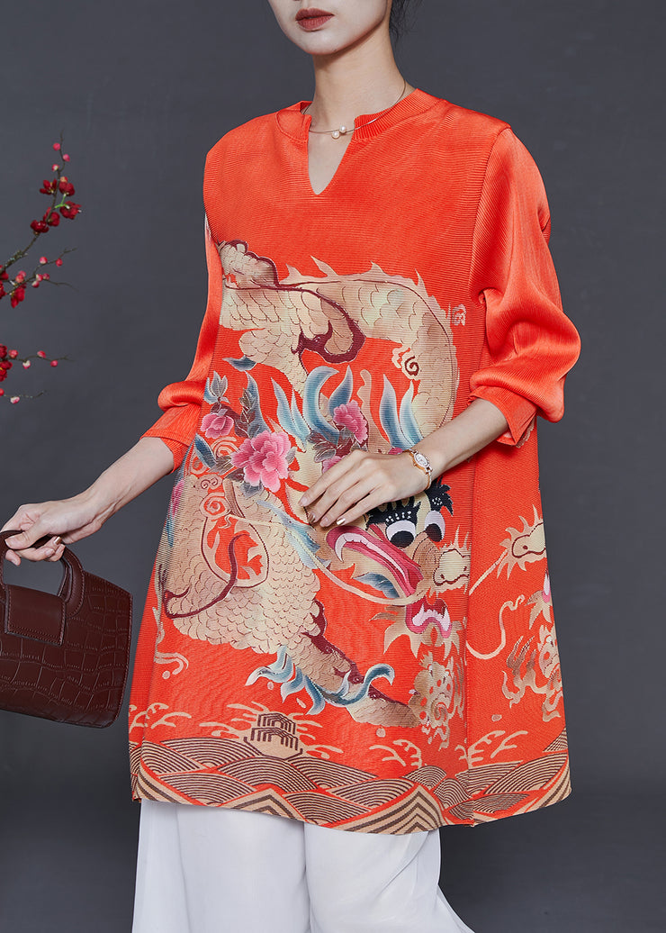 Art Orange V Neck Dragon Print Cotton Short Dress Spring