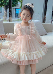 Art Pink Square Collar Embroideried Tulle Girls Long Dresses Long Sleeve