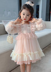 Art Pink Square Collar Embroideried Tulle Girls Long Dresses Long Sleeve