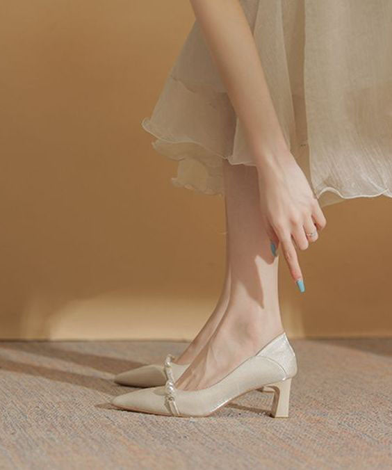 Art Pointed Toe Chunky High Heels Beige Pearl Heels