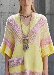 Art Yellow Oversized Patchwork Knit Long Sweater Short Sleeve