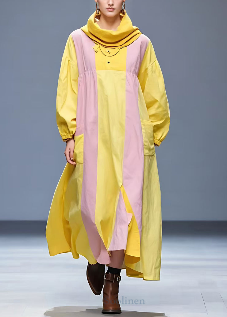 Art Yellow Pockets Patchwork Cotton Long Dresses Long Sleeve