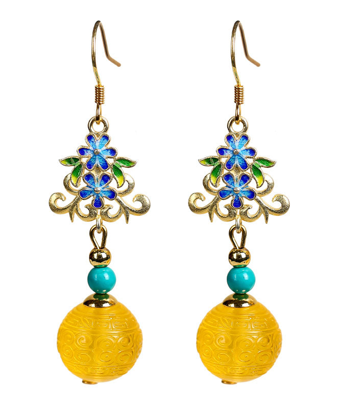 Art Yellow Sterling Silver Inlaid Amber Turquoise Floral Drop Earrings