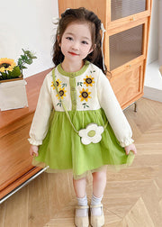 Beautiful Apricot O-Neck Tulle Patchwork Kids Mid Dress Fall