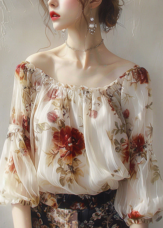 Beautiful Apricot Slash Neck Print Chiffon Top Half Sleeve