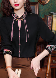 Beautiful Black Embroidered Tulle Patchwork Hollow Out Chiffon Tops Long Sleeve