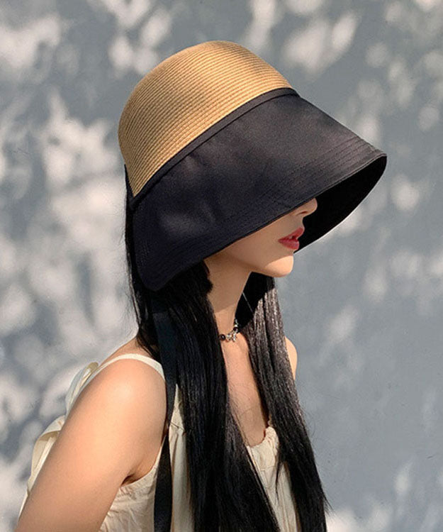 Beautiful Black Patchwork Bow Straw Woven Bucket Hat