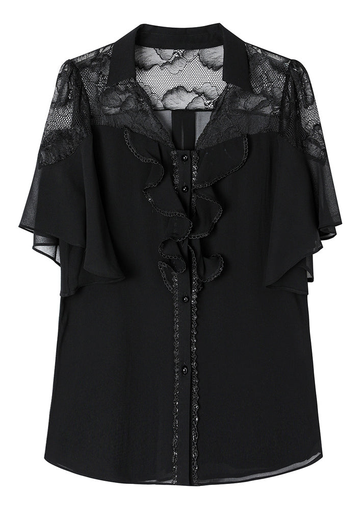 Beautiful Black Ruffled Lace Patchwork Chiffon Shirt Summer