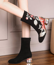 Beautiful Black Zircon Embroidered Suede Chunky Boots