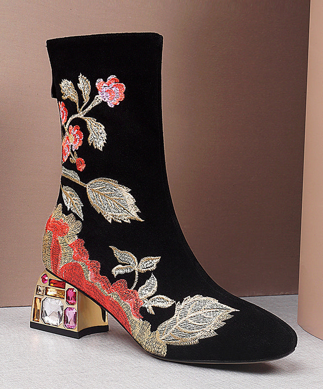 Beautiful Black Zircon Embroidered Suede Chunky Boots