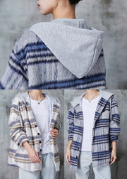 Beautiful Blue Hooded Plaid Fine Cotton Filled Coat Winter