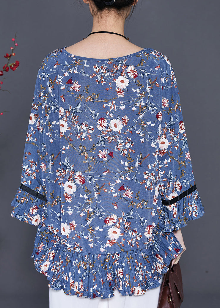 Beautiful Blue O-Neck Print Chiffon Blouse Top Summer