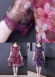 Beautiful Blue O Neck Print Patchwork Tulle Dresses Summer