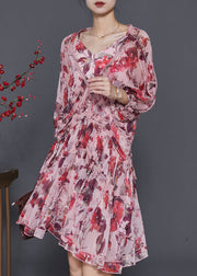 Beautiful Brick Red Print Chiffon Vacation Dress Lantern Sleeve