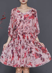 Beautiful Brick Red Print Chiffon Vacation Dress Lantern Sleeve