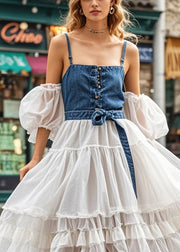 Beautiful Cold Shoulder Patchwork Denim Tulle Maxi Dresses Puff Sleeve