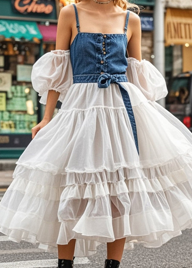 Beautiful Cold Shoulder Patchwork Denim Tulle Maxi Dresses Puff Sleeve