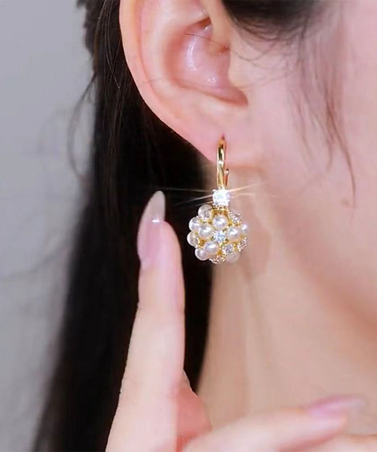 Beautiful Gold Metal Overgild Pearl Zircon Ball Drop Earrings