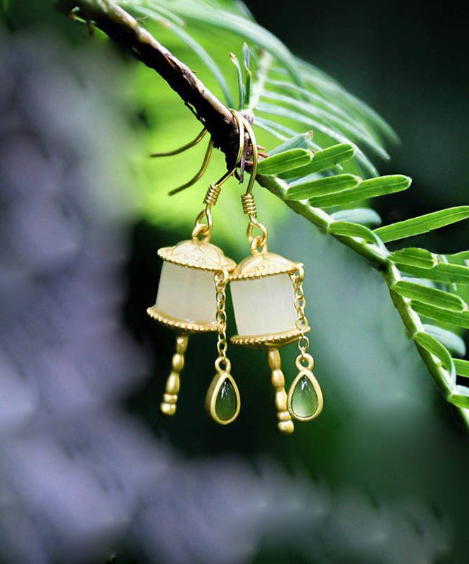 Beautiful Gold Sterling Silver Overgild Jade Tassel Drop Earrings