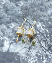 Beautiful Gold Sterling Silver Overgild Jade Tassel Drop Earrings