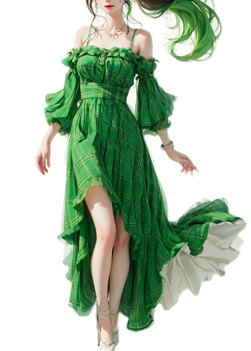 Beautiful Green Ruffled Patchwork Cotton Spaghetti Strap Dresses Flare Sleeve