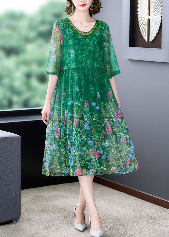 Beautiful Green Ruffled Print Tulle Dress Half Sleeve