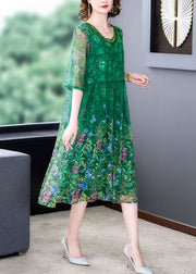 Beautiful Green Ruffled Print Tulle Dress Half Sleeve