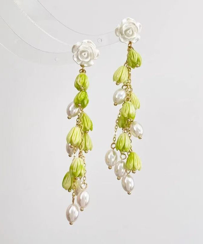 Beautiful Green Sterling Silver Alloy Pearl Lily Of The Valley Tassel Drop Earrings