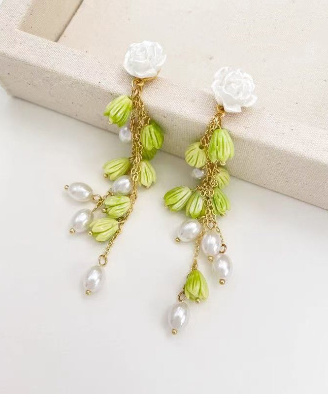 Beautiful Green Sterling Silver Alloy Pearl Lily Of The Valley Tassel Drop Earrings