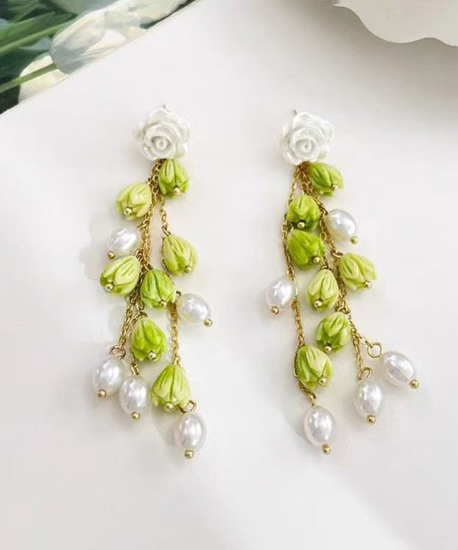 Beautiful Green Sterling Silver Alloy Pearl Lily Of The Valley Tassel Drop Earrings