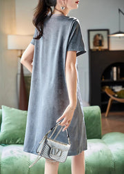 Beautiful Grey O Neck Zircon Jacquard Side Open Silk Dresses Summer