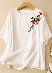 Beautiful Khaki O Neck Embroidered Linen T Shirts Summer