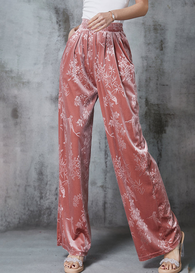 Beautiful Pink Jacquard Silk Velvet Straight Pants Spring