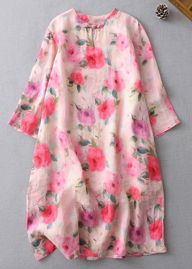 Beautiful Print O-Neck Button Cotton Mid Dress Half Sleeve