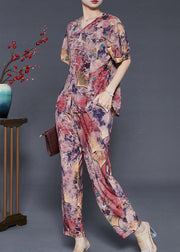 Beautiful Purple Print Chiffon Oriental Women Sets 2 Pieces Summer