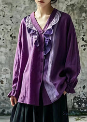 Beautiful Purple V Neck Ruffled Patchwork Shirt Fall