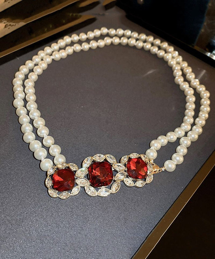 Beautiful Red Alloy Zircon Bilayer Pearl Graduated Bead Necklace