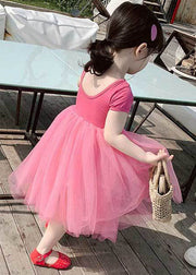 Beautiful Rose Ruffled Patchwork Tulle Kids Girls Off The Back Dress Summer