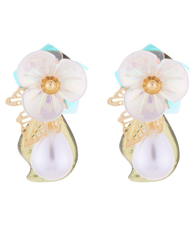 Beautiful White Copper Overgild Pearl Acrylic Floral Stud Earrings