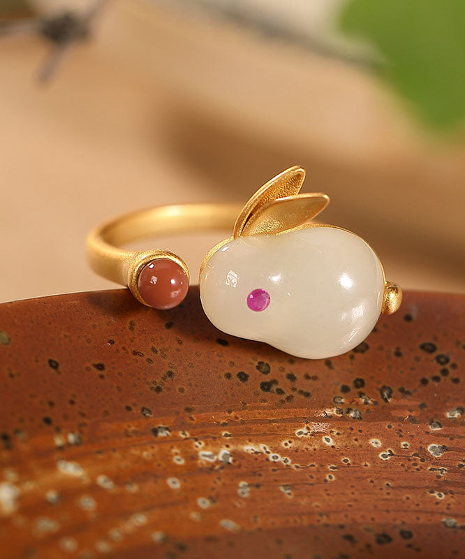 Beautiful White Cute Rabbit Jade 14K Gold Stud Earrings And Pendant Necklace And Ring