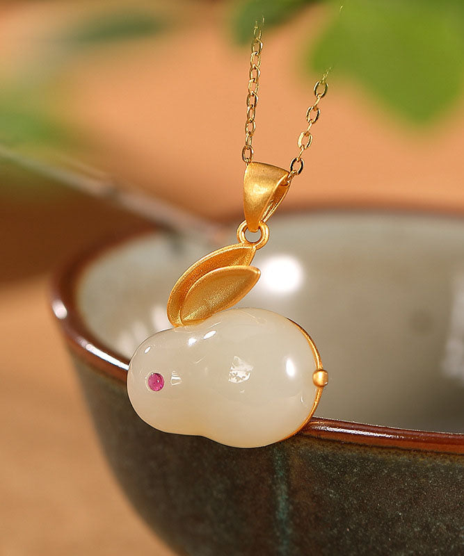 Beautiful White Cute Rabbit Jade 14K Gold Stud Earrings And Pendant Necklace And Ring