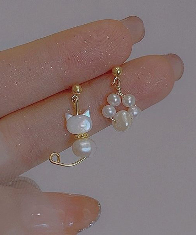 Beautiful White Gold Copper Overgild Pearl Little Cats Asymmetric Drop Earrings