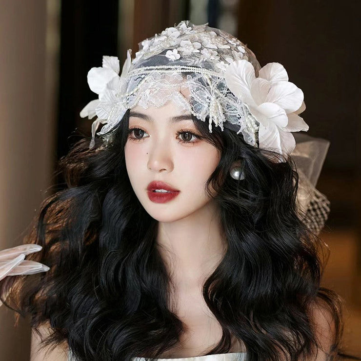 Beautiful White Lace Patchwork Pearl Floral Hat