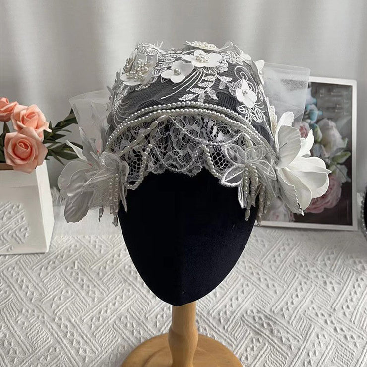 Beautiful White Lace Patchwork Pearl Floral Hat