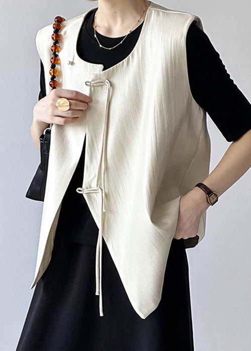 Beige Chinese Button Cotton Waistcoat O Neck Fall