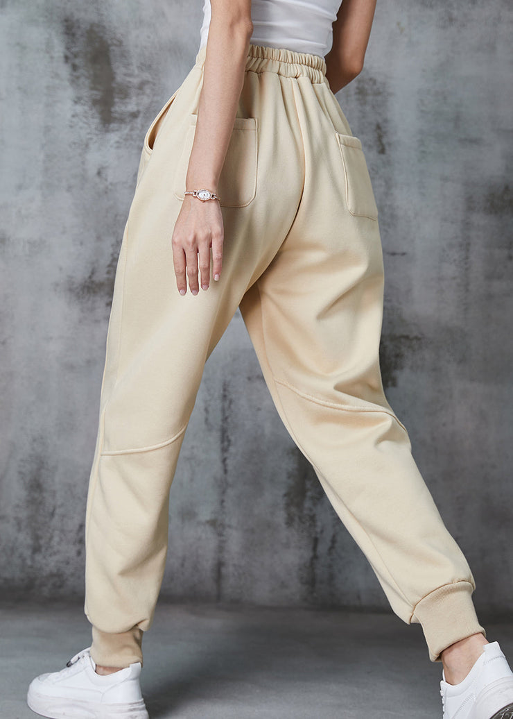 Beige Oversized Cotton Pants Elastic Waist Pockets Spring