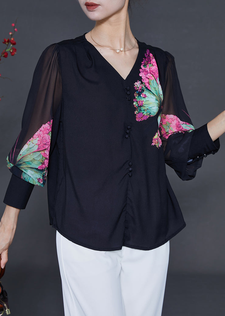 Black Butterfly Chiffon Shirt Top V Neck Summer