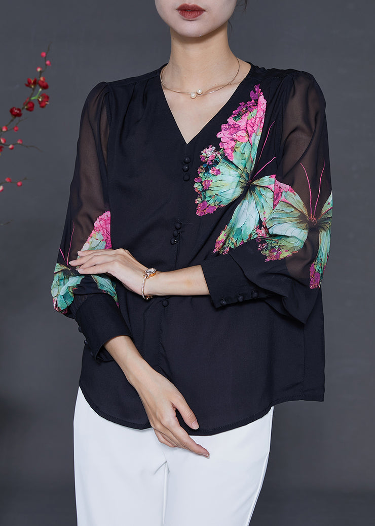 Black Butterfly Chiffon Shirt Top V Neck Summer