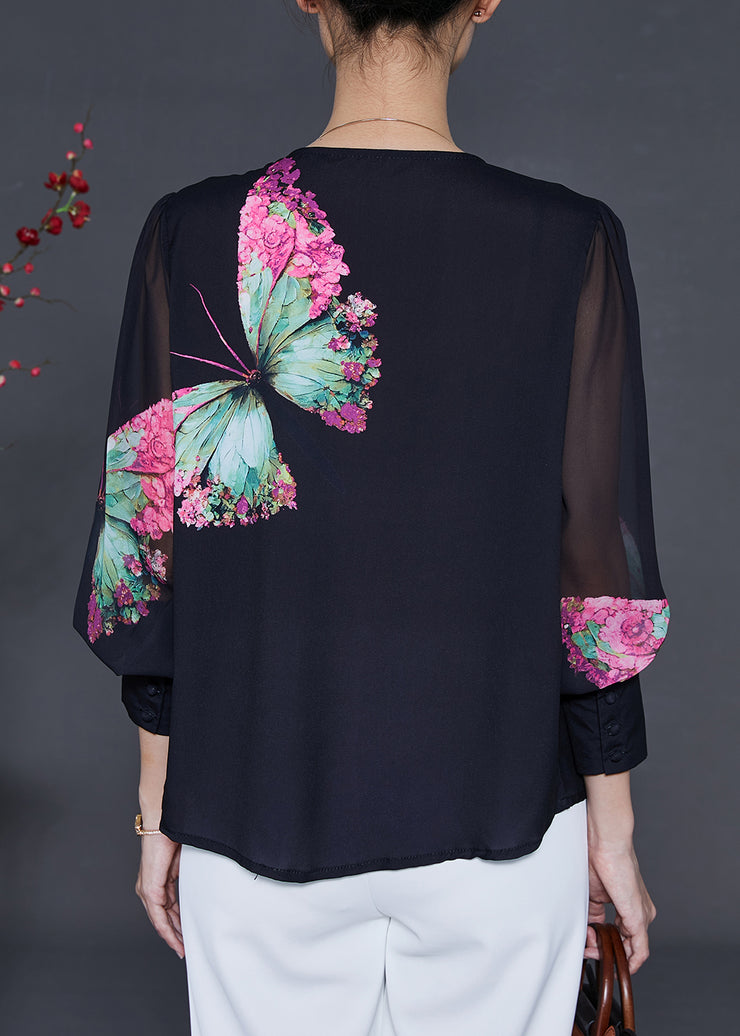 Black Butterfly Chiffon Shirt Top V Neck Summer